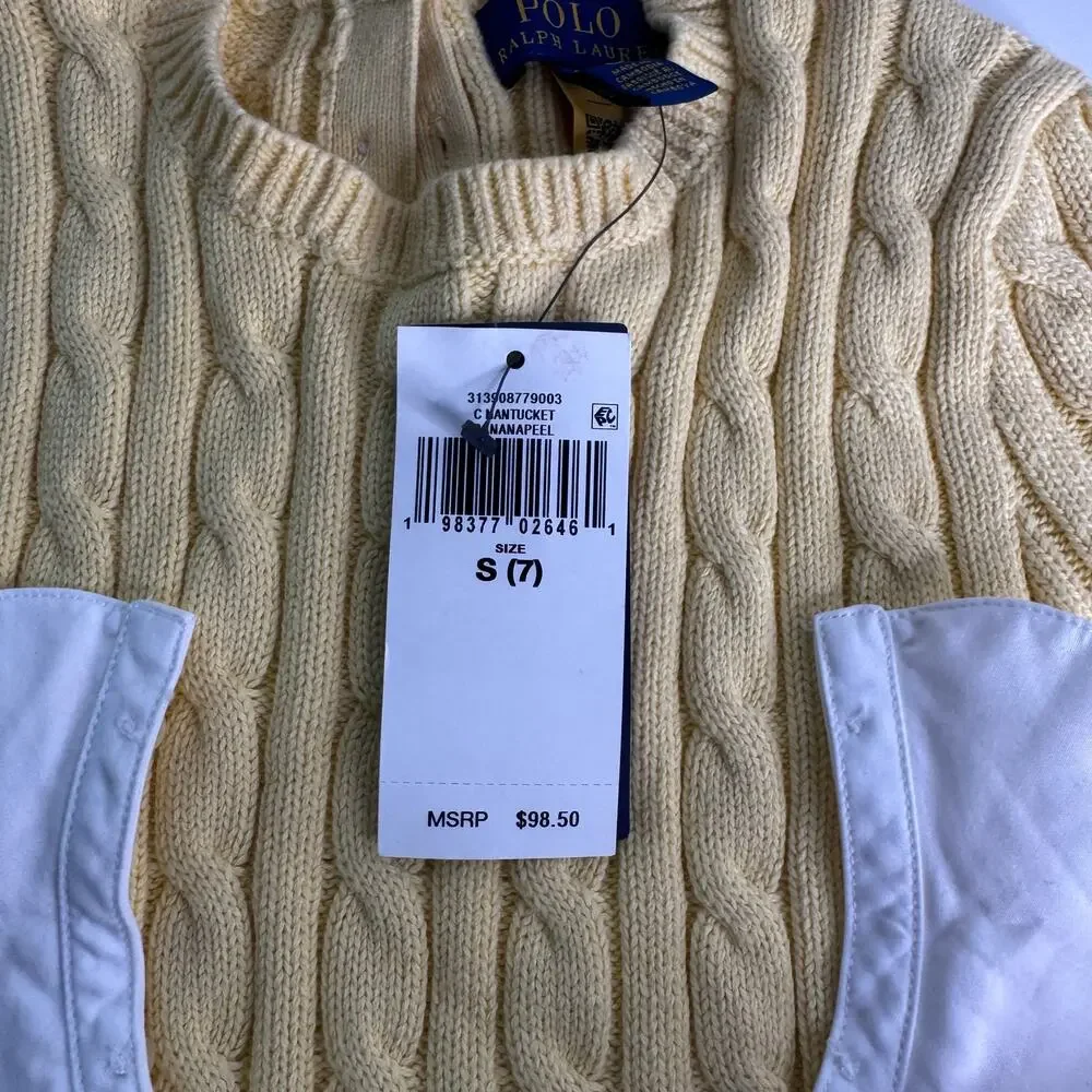 HTF Ralph Lauren Polo Yellow Girls Cable Knit Cotton Dress Sz 7 Collar Sm Flaw